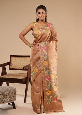 Brown Handloom Tussar Pure Silk Saree With Blouse Piece