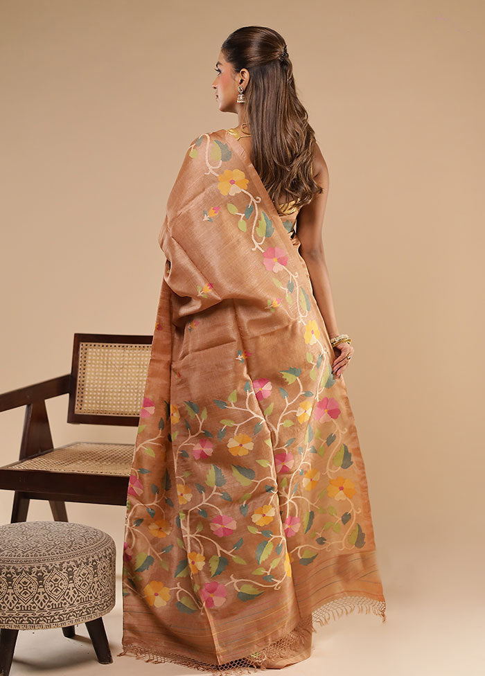 Brown Handloom Tussar Pure Silk Saree With Blouse Piece