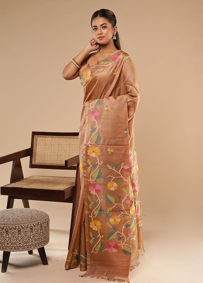 Brown Handloom Tussar Pure Silk Saree With Blouse Piece