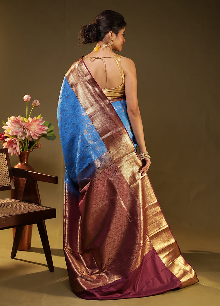 Blue Kanjivaram Silk Saree With Blouse Piece