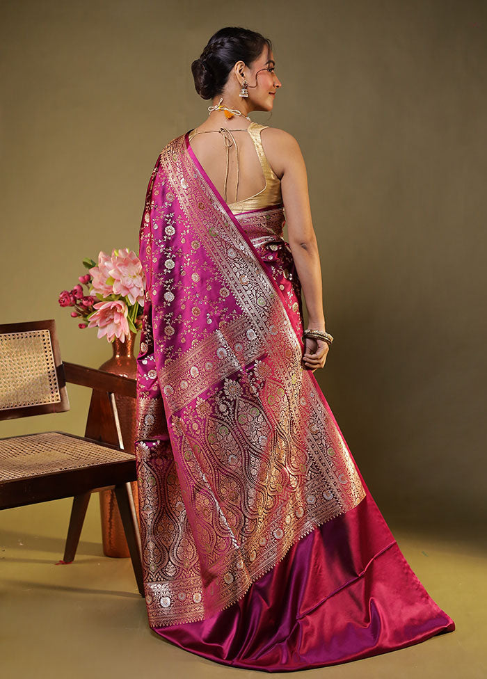 Pink Handloom Banarasi Pure Silk Saree With Blouse Piece