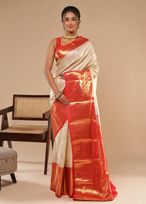 Cream Kanjivaram Silk Saree With Blouse Piece