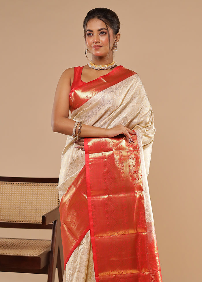Cream Kanjivaram Silk Saree With Blouse Piece