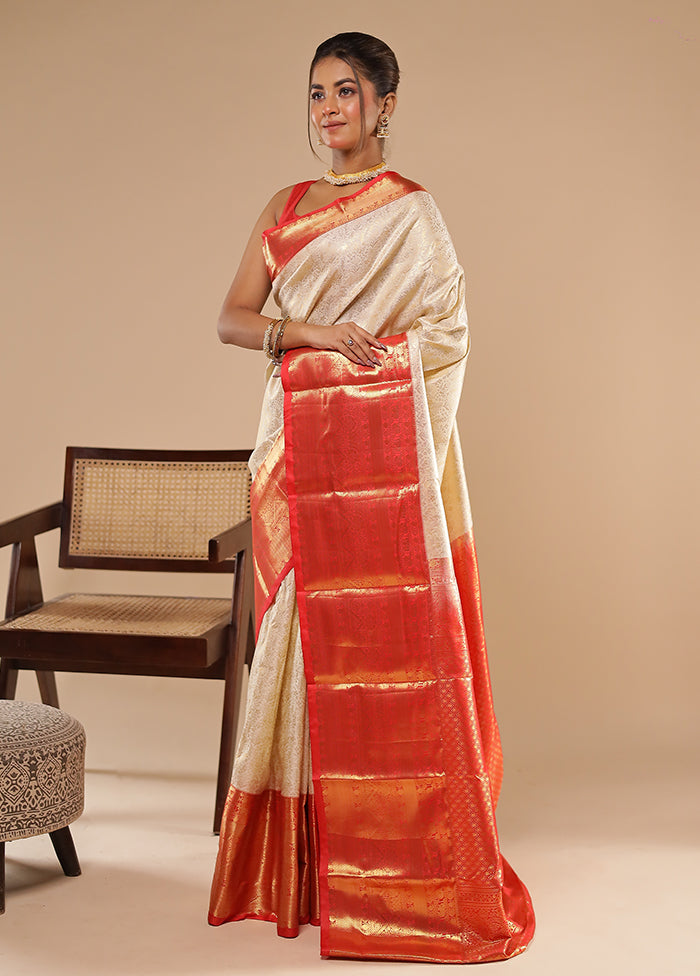 Cream Kanjivaram Silk Saree With Blouse Piece