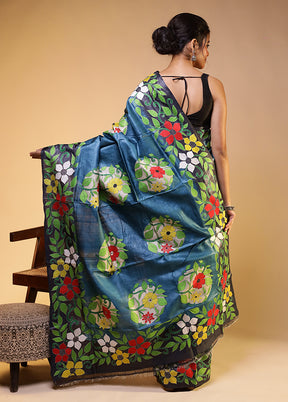 Blue Handloom Kantha Stitch Pure Silk Saree With Blouse Piece