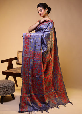 Blue Handloom Kantha Stitch Pure Silk Saree With Blouse Piece