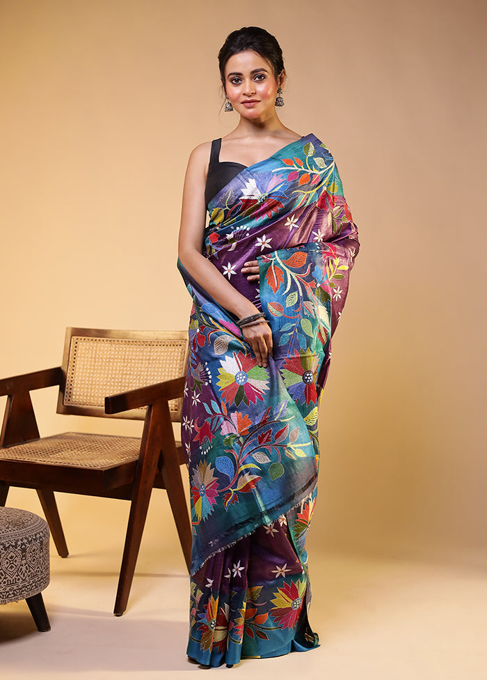 Multicolor Handloom Kantha Stitch Pure Silk Saree With Blouse Piece