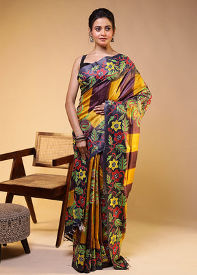 Multicolor Handloom Kantha Stitch Pure Silk Saree With Blouse Piece