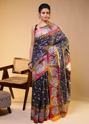 Multicolor Handloom Kantha Stitch Pure Silk Saree With Blouse Piece