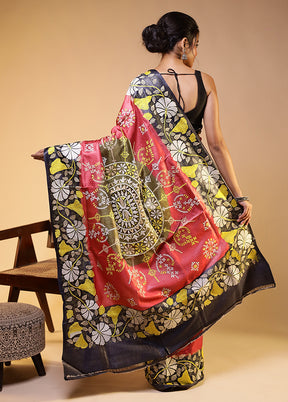 Pink Handloom Kantha Stitch Pure Silk Saree With Blouse Piece
