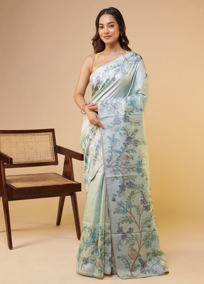 Green Handloom Tussar Pure Silk Saree With Blouse Piece