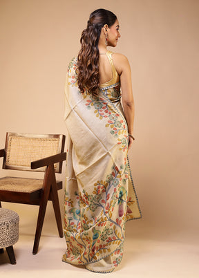 Cream Handloom Tussar Pure Silk Saree With Blouse Piece