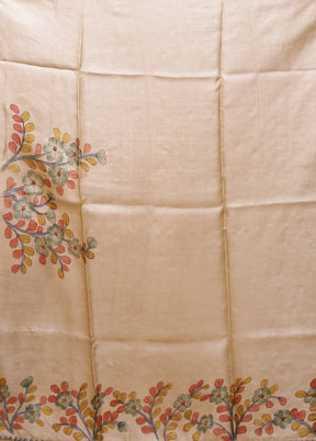 Cream Handloom Tussar Pure Silk Saree With Blouse Piece