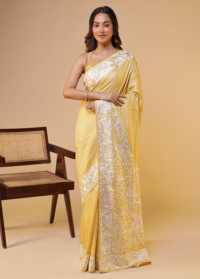 Yellow Handloom Tussar Pure Silk Saree With Blouse Piece