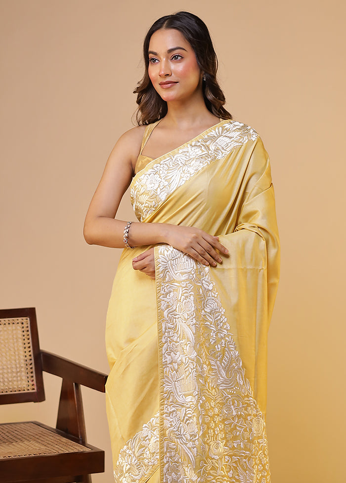 Yellow Handloom Tussar Pure Silk Saree With Blouse Piece