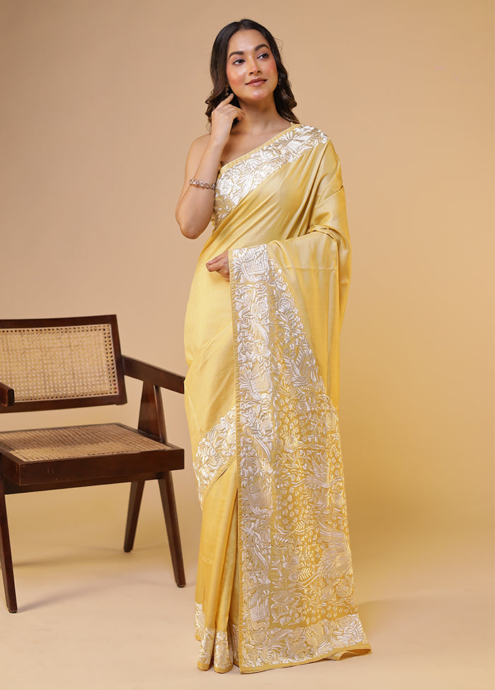 Yellow Handloom Tussar Pure Silk Saree With Blouse Piece