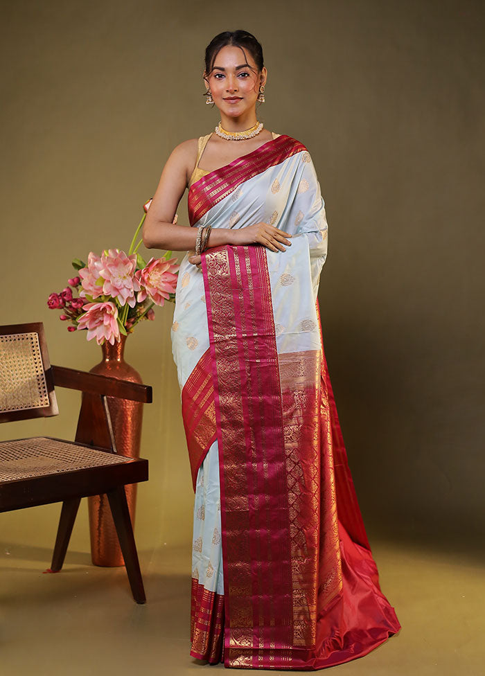 White Gadwal Silk Saree Without Blouse Piece