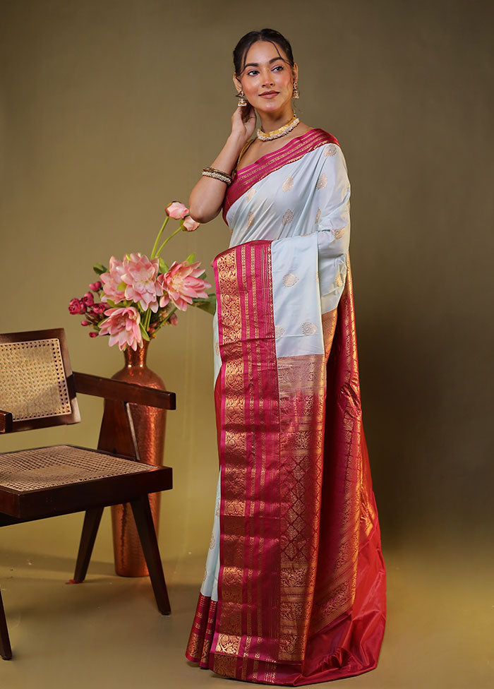 White Gadwal Silk Saree Without Blouse Piece