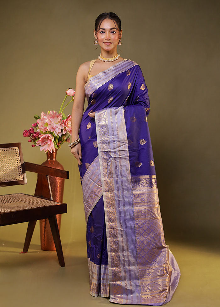 Blue Gadwal Silk Saree Without Blouse Piece