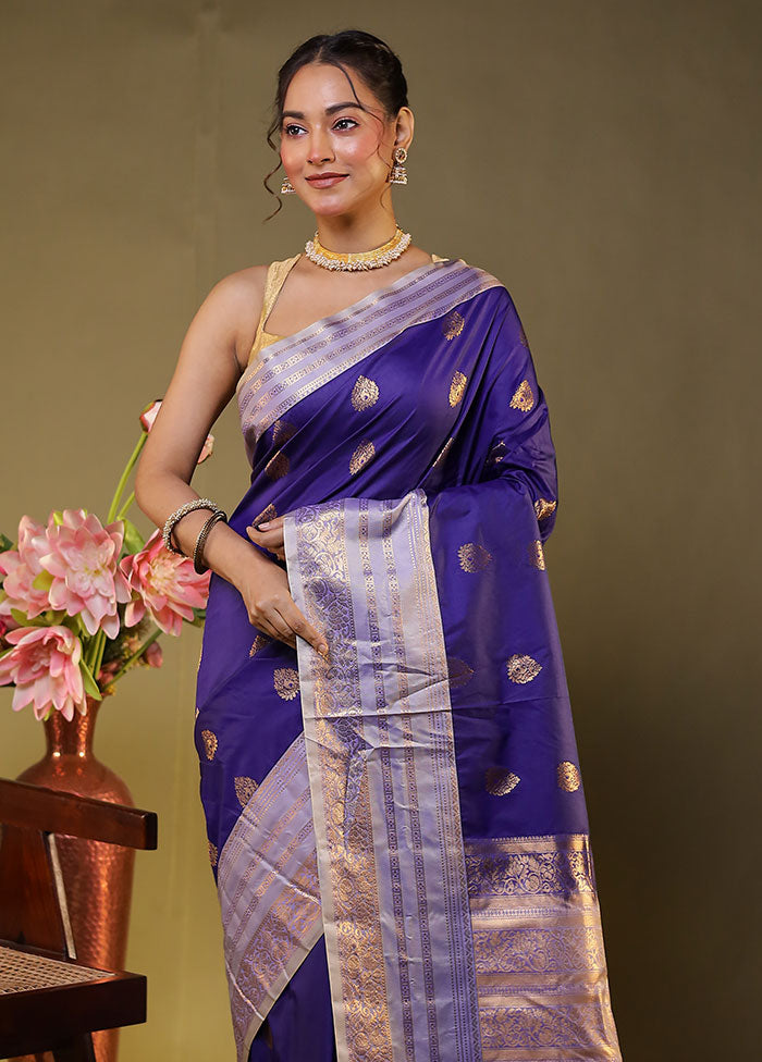 Blue Gadwal Silk Saree Without Blouse Piece