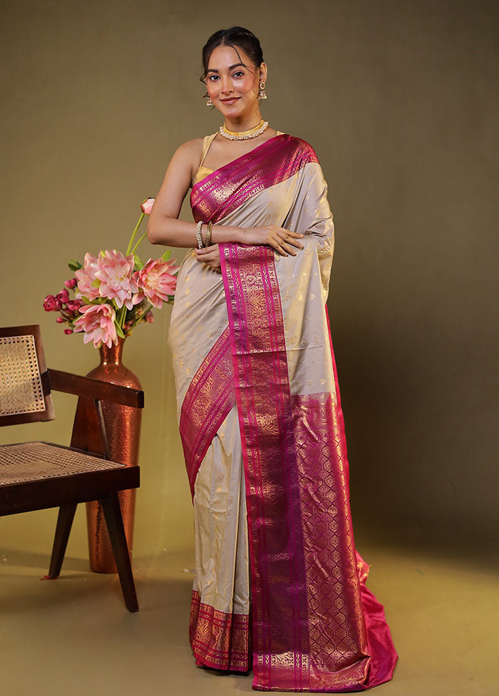 Cream Gadwal Silk Saree Without Blouse Piece