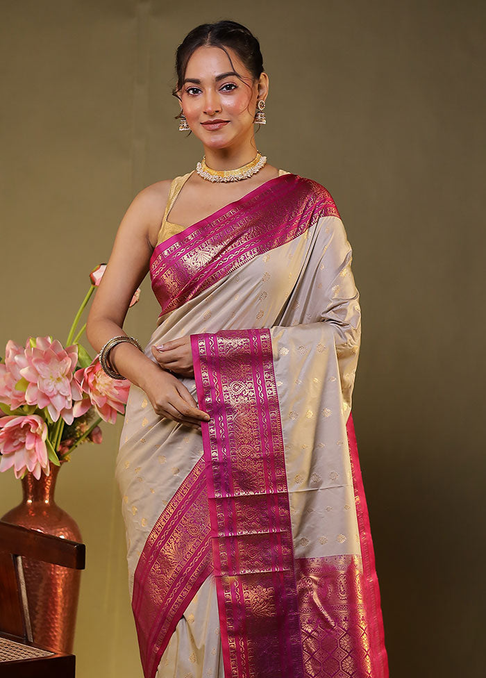 Cream Gadwal Silk Saree Without Blouse Piece
