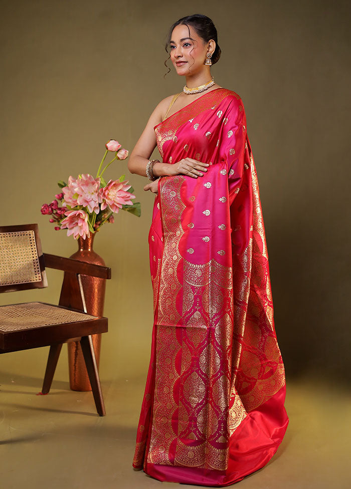 Pink Banarasi Silk Saree With Blouse Piece