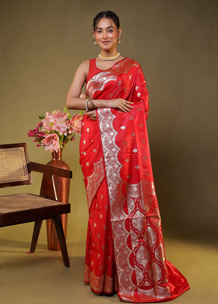 Red Banarasi Silk Saree With Blouse Piece