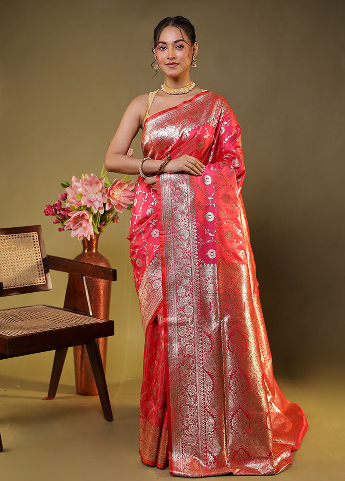 Pink Banarasi Silk Saree With Blouse Piece