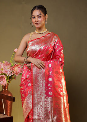 Pink Banarasi Silk Saree With Blouse Piece