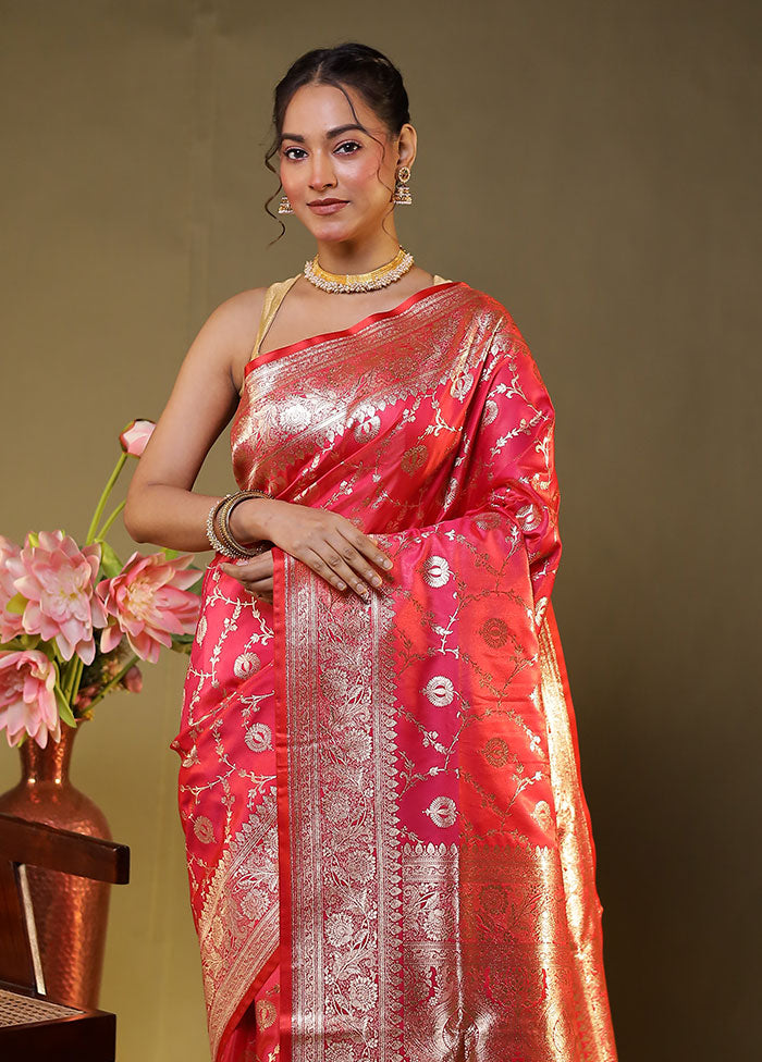 Pink Banarasi Silk Saree With Blouse Piece
