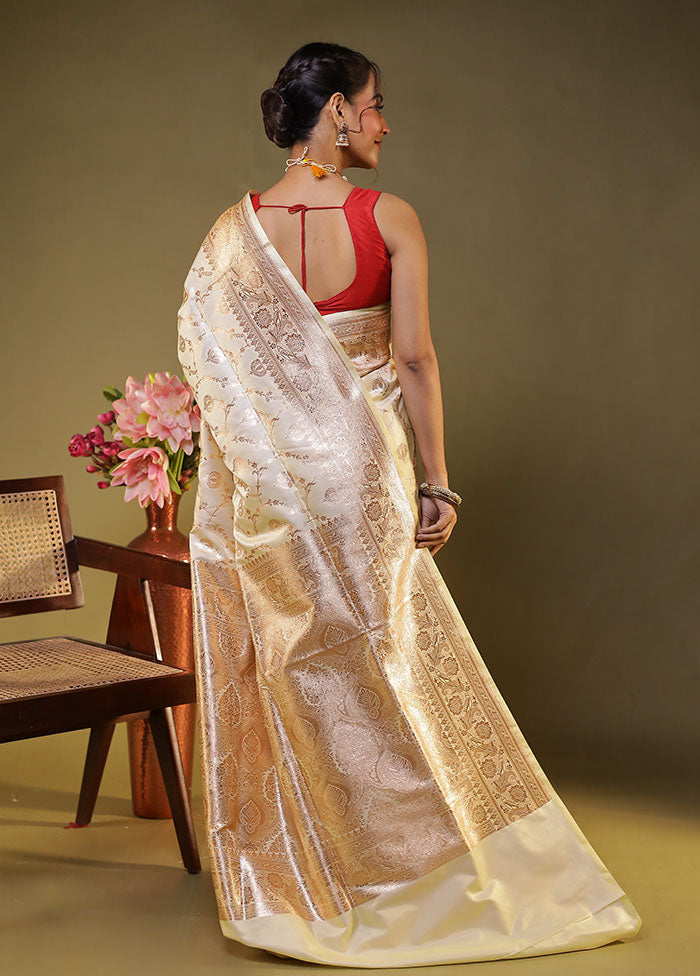 Cream Banarasi Silk Saree With Blouse Piece