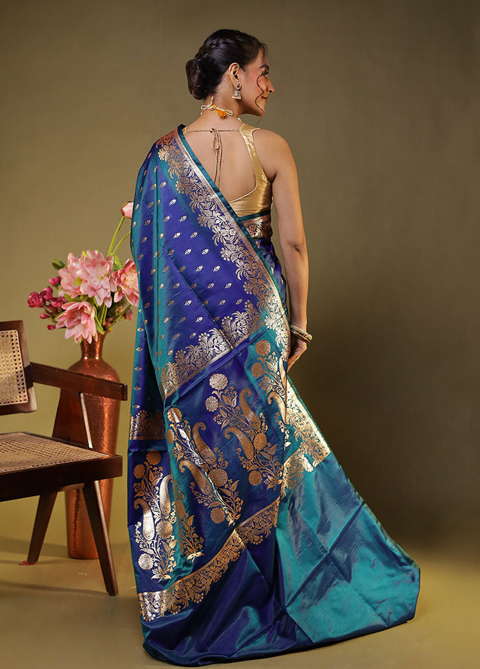 Blue Banarasi Silk Saree With Blouse Piece