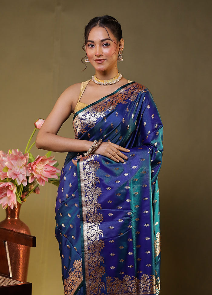 Blue Banarasi Silk Saree With Blouse Piece