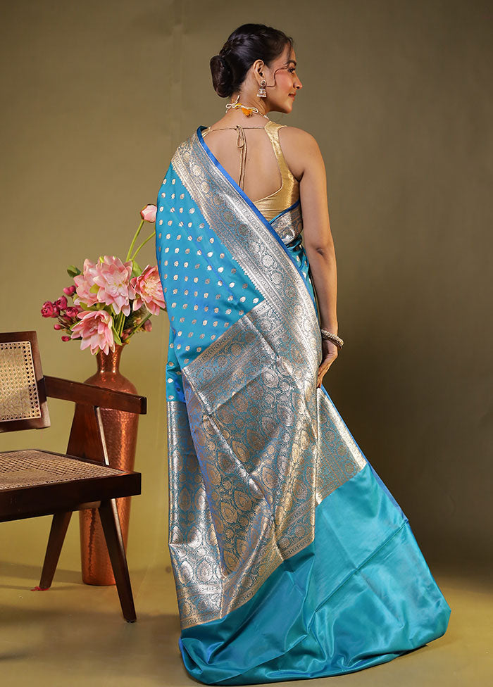Blue Banarasi Silk Saree With Blouse Piece