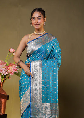 Blue Banarasi Silk Saree With Blouse Piece