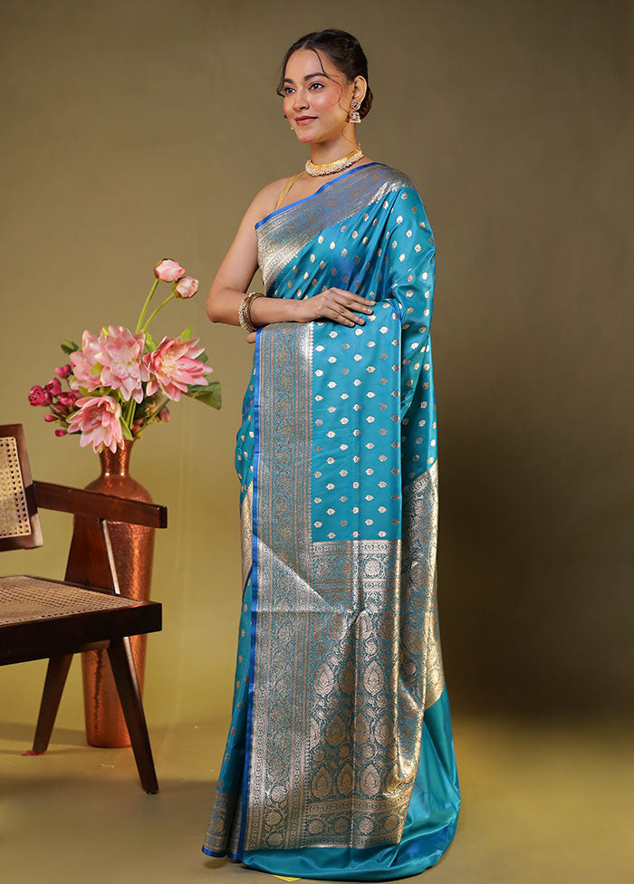 Blue Banarasi Silk Saree With Blouse Piece