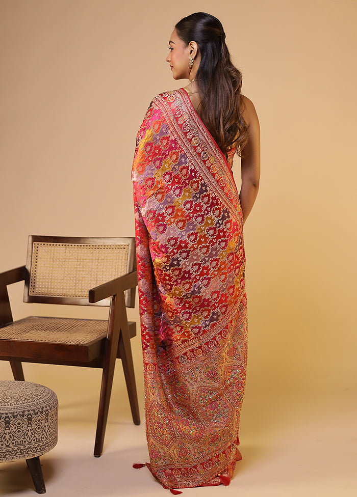 Multicolor Handloom Pure Georgette Saree With Blouse Piece