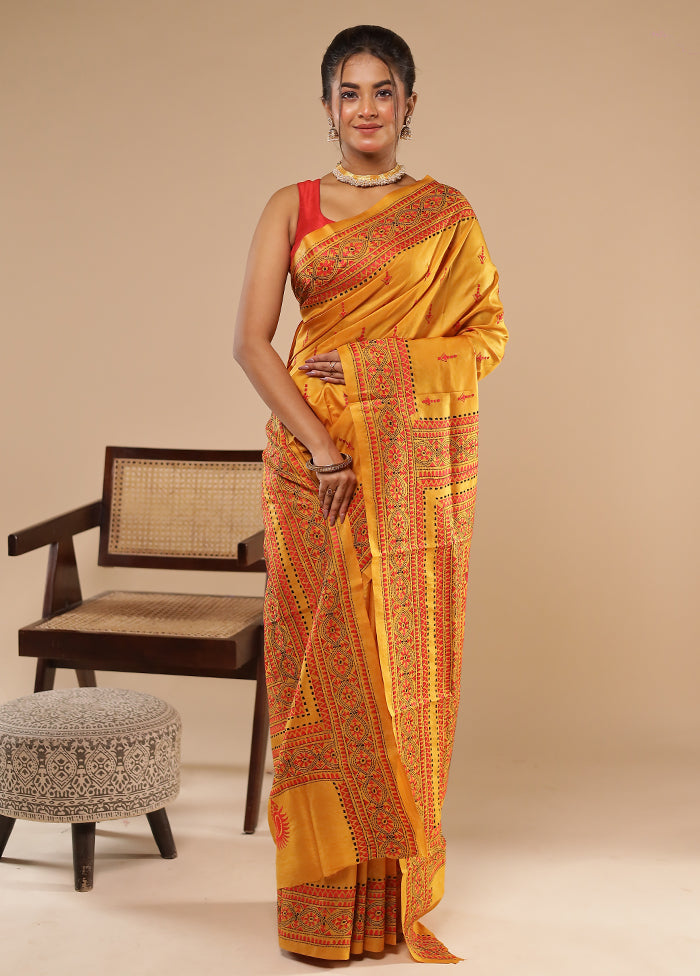 Yellow Handloom Kantha Stitch Pure Silk Saree With Blouse Piece