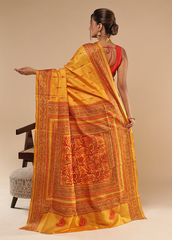 Yellow Handloom Kantha Stitch Pure Silk Saree With Blouse Piece