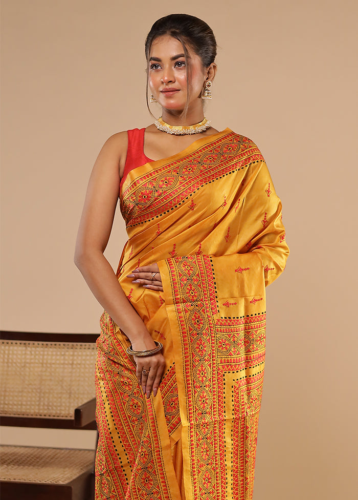 Yellow Handloom Kantha Stitch Pure Silk Saree With Blouse Piece