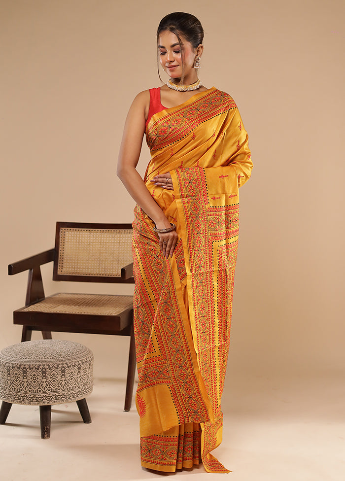 Yellow Handloom Kantha Stitch Pure Silk Saree With Blouse Piece