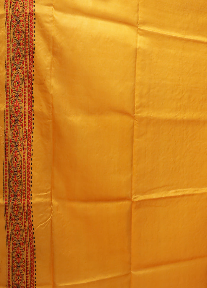 Yellow Handloom Kantha Stitch Pure Silk Saree With Blouse Piece