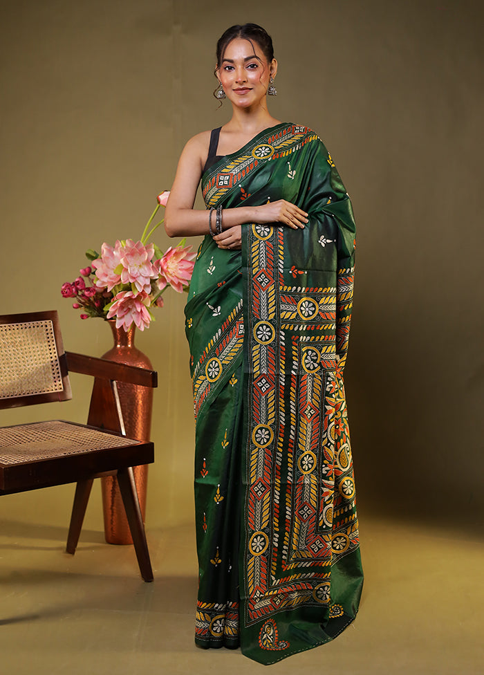 Green Handloom Kantha Stitch Pure Silk Saree With Blouse Piece
