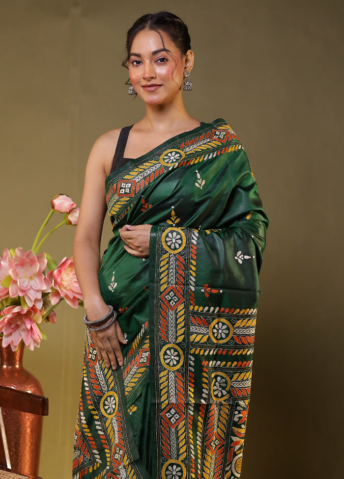 Green Handloom Kantha Stitch Pure Silk Saree With Blouse Piece