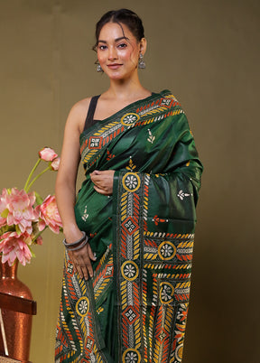 Green Handloom Kantha Stitch Pure Silk Saree With Blouse Piece