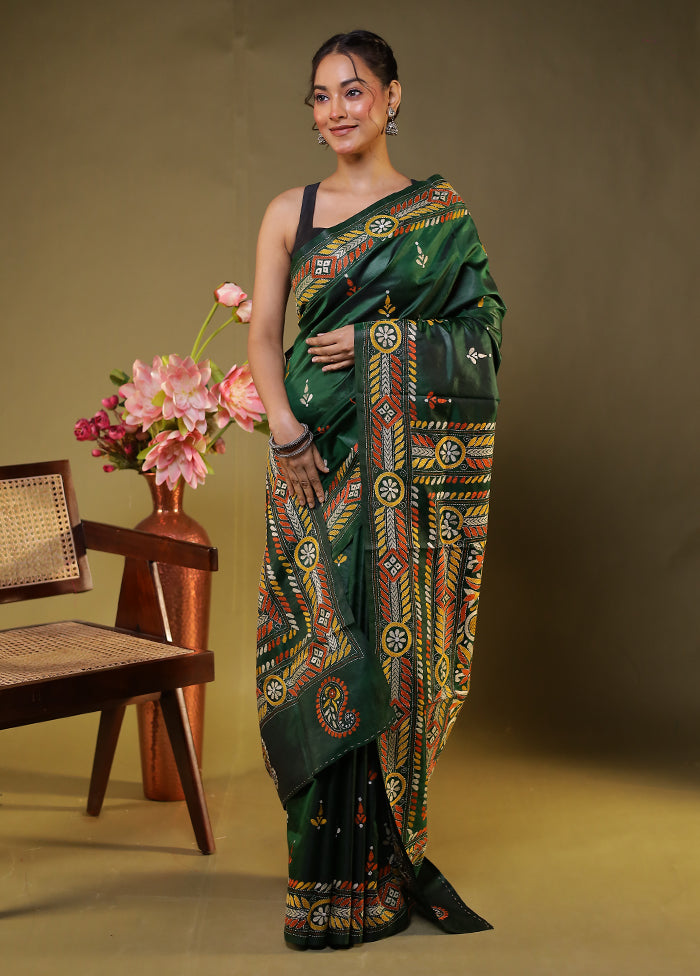 Green Handloom Kantha Stitch Pure Silk Saree With Blouse Piece