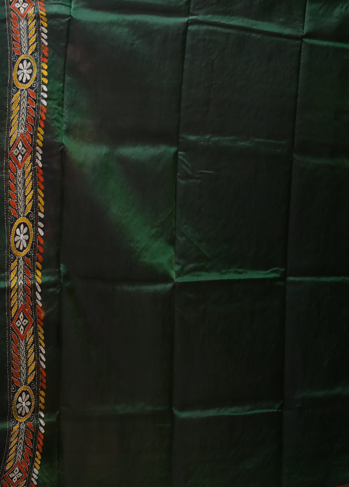 Green Handloom Kantha Stitch Pure Silk Saree With Blouse Piece