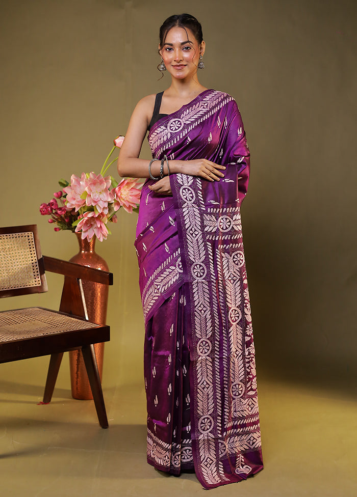 Purple Handloom Kantha Stitch Pure Silk Saree With Blouse Piece