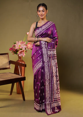 Purple Handloom Kantha Stitch Pure Silk Saree With Blouse Piece